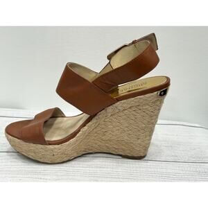 Michael Kors Womens Brown Leather Boho Buckle Strap Espadrille Wedge Sandals 7
